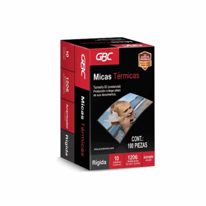 Imagen de mica térmica GBC 1206 de 10mm para plastificadora, protección resistente y acabado brillante para documentos.