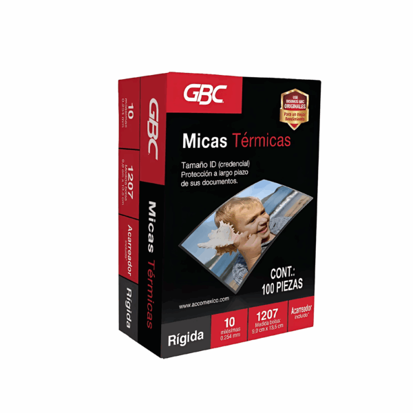 Mica térmica GBC 1207 para credenciales, 90 x 135 mm y 10 mil de grosor, ideal para gafetes, identificaciones y tarjetas con acabado brillante.