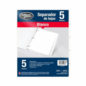Imagen del Separador Wilson Jones de 5 divisiones en color blanco, mostrando sus pestañas personalizables y perforaciones reforzadas para carpetas de 2 y 3 anillas.