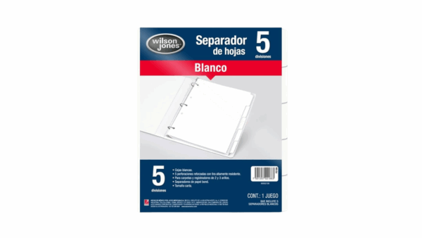 Imagen del Separador Wilson Jones de 5 divisiones en color blanco, mostrando sus pestañas personalizables y perforaciones reforzadas para carpetas de 2 y 3 anillas.