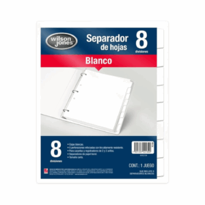 Imagen del Separador Wilson Jones de 8 divisiones en color blanco, mostrando sus pestañas personalizables y perforaciones reforzadas para carpetas de 2 y 3 anillas.